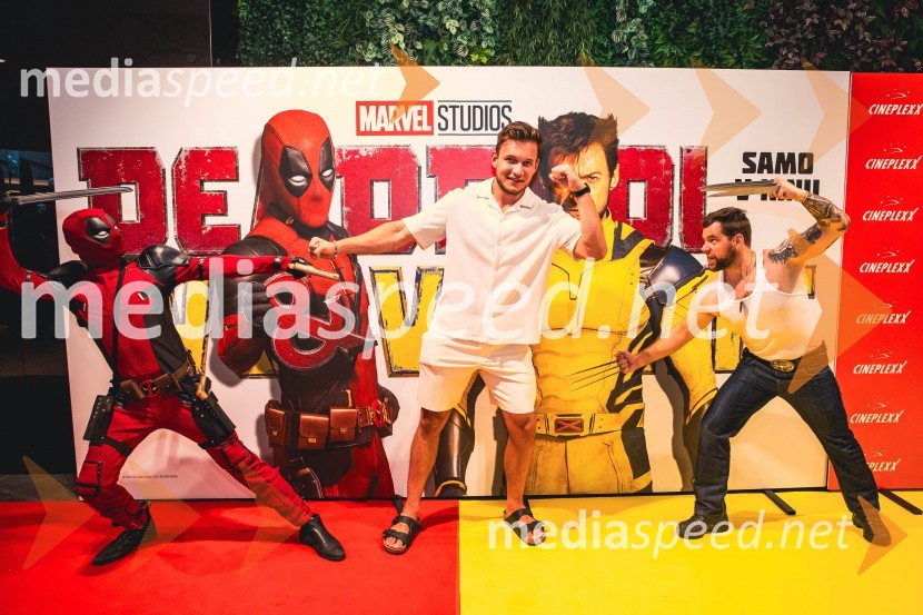  Matic  Gaiser, cosplayer, costumer;  Andrej Pavličević, osebni trener in ustvarjalec vsebin;  Jurij K. KoyaVečer superjunakov s filmom Deadpool & Wolverine v Cineplexx Ljubljana