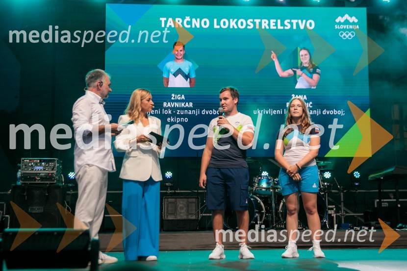  Aleš Smrekar, novinar in dnevni urednik Val202;  Anja Hlača Ferjančič, novinarka, RTV;  Žiga Ravnikar, lokostrelec;  Žana Pintarič, lokostrelkaSprejem slovenskih olimpijcev na Kongresnem trgu