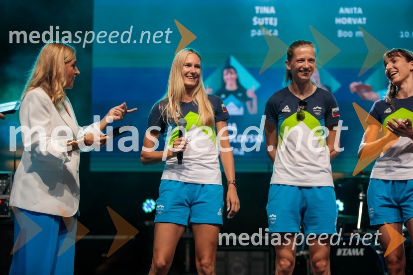  Anja Hlača Ferjančič, novinarka, RTV;  Neja Filipič, ateletinja;  Tina Šutej, atletinja;  Lia Apostolovski, atletinjaSprejem slovenskih olimpijcev na Kongresnem trgu