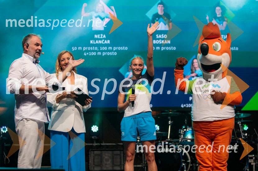  Aleš Smrekar, novinar in dnevni urednik Val202;  Anja Hlača Ferjančič, novinarka, RTV;  Neža Klančar, plavalkaSprejem slovenskih olimpijcev na Kongresnem trgu