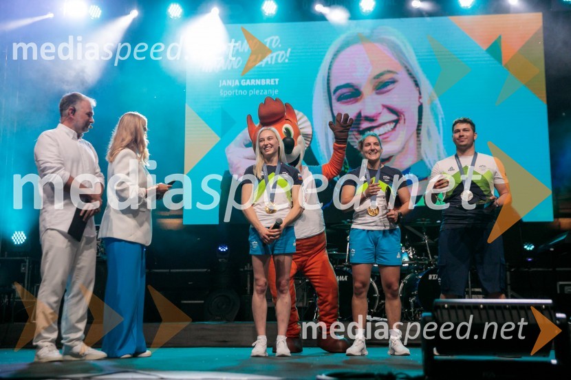  Aleš Smrekar, novinar in dnevni urednik Val202;  Anja Hlača Ferjančič, novinarka, RTV;  Janja Garnbret, športna plezalka;  Andreja Leški, judoistka;  Toni Vodišek, kajtarSprejem slovenskih olimpijcev na Kongresnem trgu