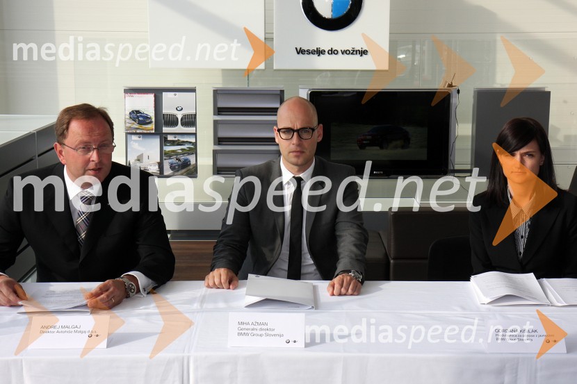 Andrej Malgaj, lastnik in direktor podjetja Avtohiša Malgaj, Miha Ažman, generalni direktor BMW Slovenija in Gordana Kisilak, predstavnica za odnose z javnostmi BMW SlovenijaOtvoritev novega prodajno servisnega centra BMW Malgaj Kranj