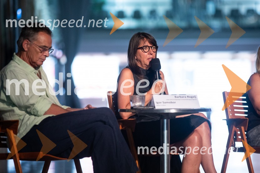   Igor  Samobor, igralec;  Barbara Rogelj, vodja humanističnega in kulturno-vzgojnega programa, Cankarjev domPredstavitev sezone 2024/25, Cankarjev dom