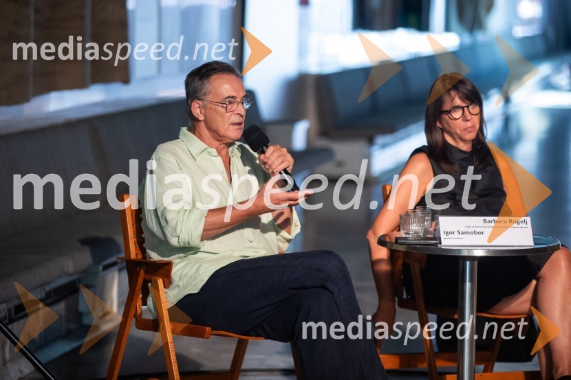   Igor  Samobor, igralec;  Barbara Rogelj, vodja humanističnega in kulturno-vzgojnega programa, Cankarjev domPredstavitev sezone 2024/25, Cankarjev dom