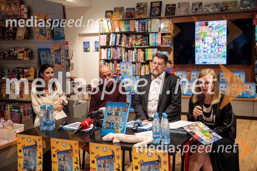  Mateja Rosa;  Luka Trpin;  Boris Tomašič, tv voditelj;  Mojca Benedičič, založba UčilaPredstavitev nove Guinnessove knjige rekordov in druženje s slovenskimi rekorderji