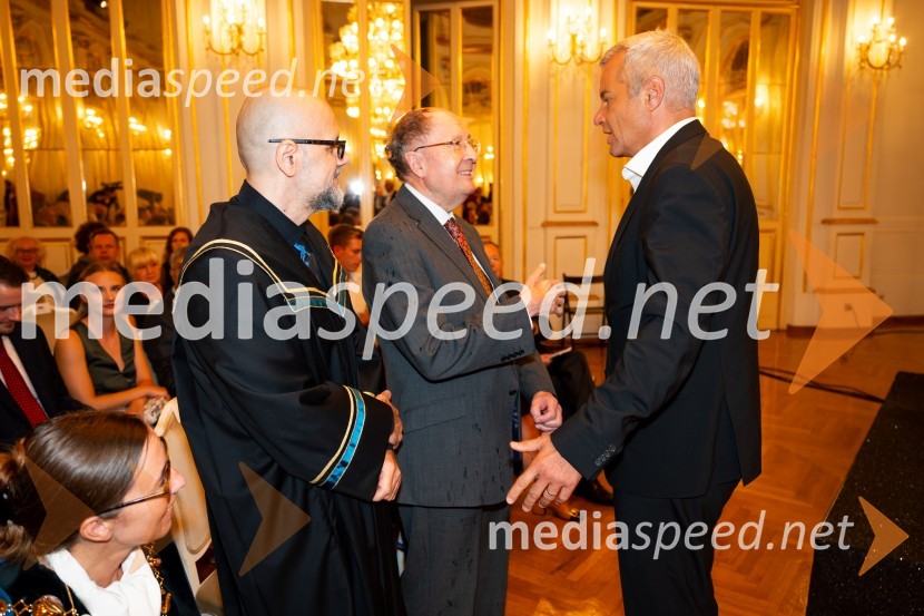 prof. dr. Dean Korošak,  prorektor za znanstvenoraziskovalno dejavnost Univerze v Mariboru; Sir Gregory Paul Winter, znanstvenik;  Aleksander Saša Arsenovič, župan, Mestna občina MariborDan Univerze v Mariboru 2024