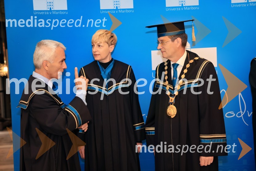 prof. dr. Bojan Dolšak,  prorektor za razvoj kakovosti in razvojne projekte, UM; prof. dr. Mihaela Koletnik, nekdanja prorektorica, Univerza v Mariboru; prof. dr. Zdravko Kačič, rektor Univerze v MariboruDan Univerze v Mariboru 2024