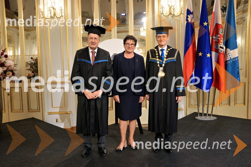 Sir Gregory Paul Winter, znanstvenik; prof. dr.  Dušica Pahor, Prodekanica za znanstveno-raziskovalno dejavnost, Fakulteta za medicino, Univerza v Mariboru; prof. dr. Zdravko Kačič, rektor Univerze v MariboruDan Univerze v Mariboru 2024