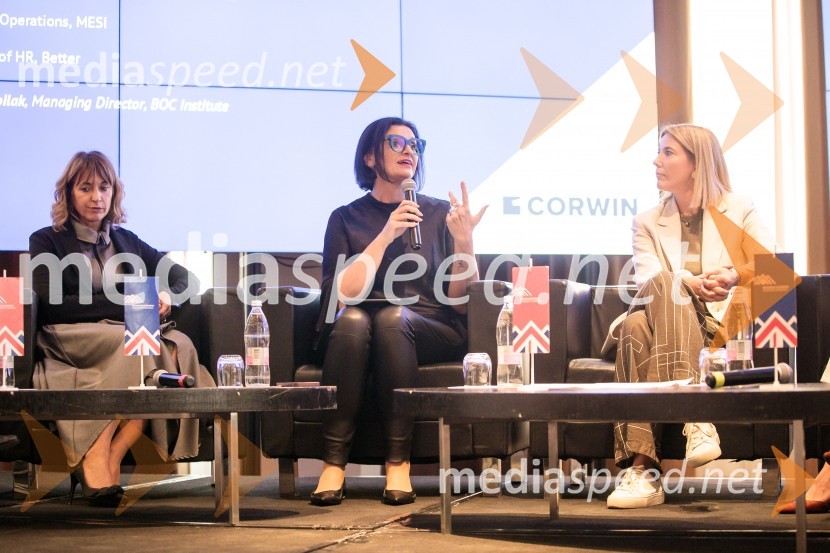  Mateja Geržina, direktorica HR in skladnosti poslovanja, Triglav INT d.d.;  Simona Špilak, direktorica, BOC Institute;  Urška Kajtner, vodja operative, Mesi d.o.o.Čaj z razlogom z naslovom Blagovna znamka delodajalca in prihodnost delovnega okolja