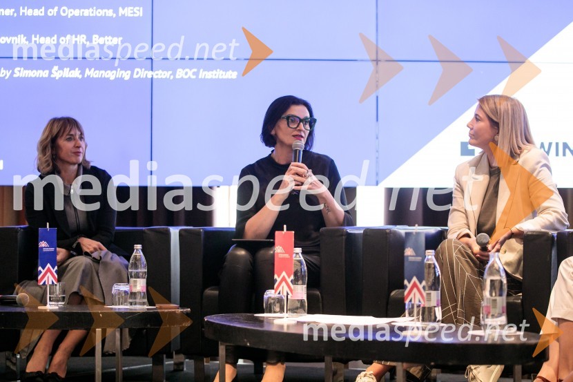  Mateja Geržina, direktorica HR in skladnosti poslovanja, Triglav INT d.d.;  Simona Špilak, direktorica, BOC Institute;  Urška Kajtner, vodja operative, Mesi d.o.o.Čaj z razlogom z naslovom Blagovna znamka delodajalca in prihodnost delovnega okolja