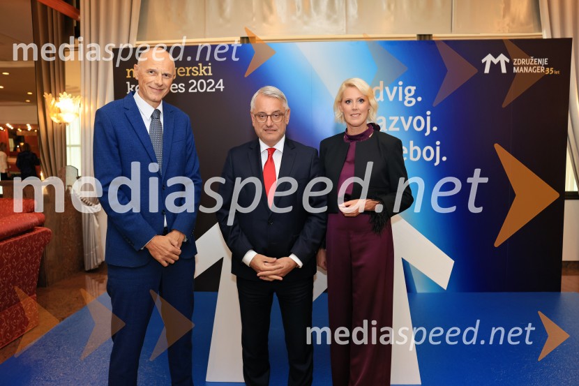 mag. Iztok Seljak, predsednik, Združenje Manager;  Matjaž Han, minister za gospodarstvo, turizem in šport;  Petra Juvančič, izvršna direktorica, Združenje ManagerManagerski kongres 2024, prvi dan
