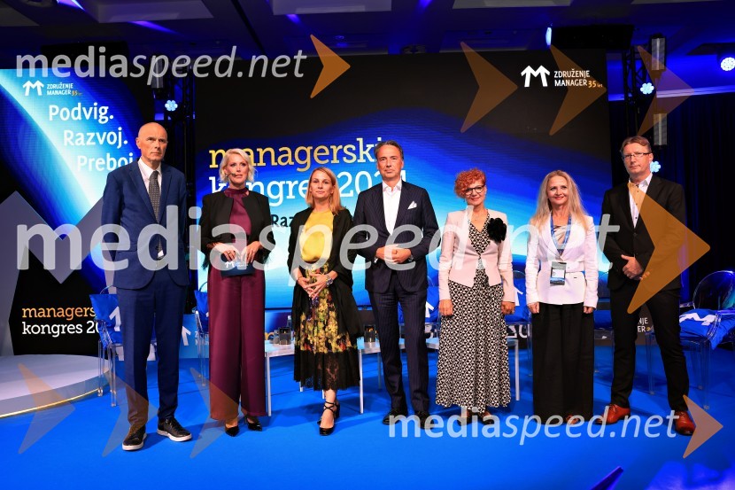 mag. Iztok Seljak, predsednik, Združenje Manager;  Petra Juvančič, izvršna direktorica, Združenje Manager;  Melanie Seier Larsen, The Boston Consulting Group - Principal in predsednica sekcije managerk;  Tomislav Čizmić, predsednik poslovodstva družbe, Telemach Slovenija d.o.o.;  Marta Kelvišar, direktorica, Adria Dom;  Maja Bednaš, vršilka dolžnosti direktorja na Uradu RS za makroekonomske analize in razvoj;  Beno Ceglar, NILManagerski kongres 2024, prvi dan