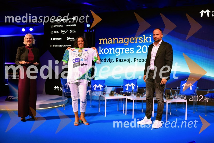  Petra Juvančič, izvršna direktorica, Združenje Manager;  Mojca Sergo;  Uroš Zorman, trener, Slovenska rokometna reprezentancaManagerski kongres 2024, prvi dan