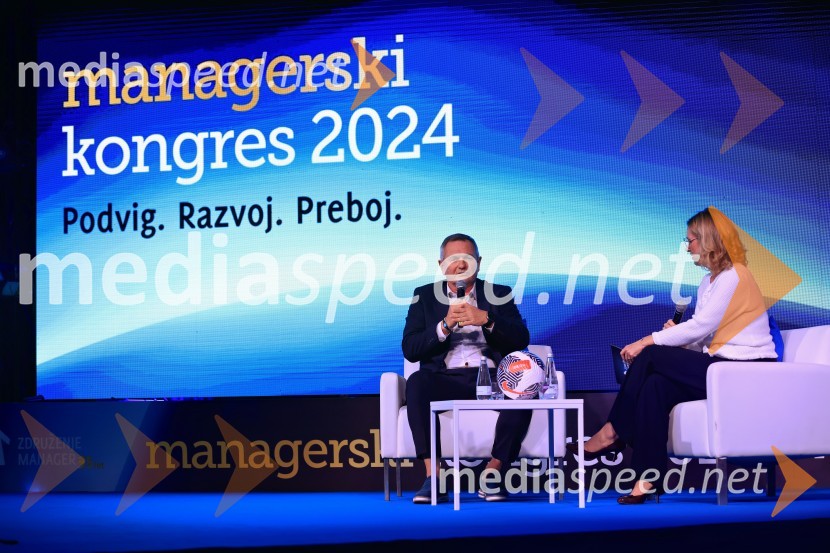  Matjaž Kek, selektor slovenske nogometne reprezentance;  Tanja Subotić Levanič, direktorica korporativnih odnosov, Pivovarna Laško UnionManagerski kongres 2024, prvi dan