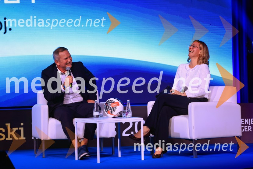  Matjaž Kek, selektor slovenske nogometne reprezentance;  Tanja Subotić Levanič, direktorica korporativnih odnosov, Pivovarna Laško UnionManagerski kongres 2024, prvi dan