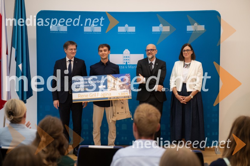 prof. dr. Zdravko Kačič, rektor Univerze v Mariboru;  Rene Gril Rogina, Najboljši študent Univerze v Mariboru 2023/2024; Prof. dr. Dean Korošak,  prorektor za znanstvenoraziskovalno dejavnost Univerze v Mariboru;  Nomi  Hrast , prorektorica za študentska vprašanja Univerze v MariboruNajboljši študent Univerze v Mariboru je Rene Gril Rogina