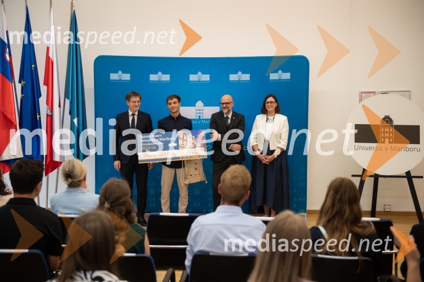 prof. dr. Zdravko Kačič, rektor Univerze v Mariboru;  Rene Gril Rogina, Najboljši študent Univerze v Mariboru 2023/2024; Prof. dr. Dean Korošak,  prorektor za znanstvenoraziskovalno dejavnost Univerze v Mariboru;  Nomi  Hrast , prorektorica za študentska vprašanja Univerze v MariboruNajboljši študent Univerze v Mariboru je Rene Gril Rogina