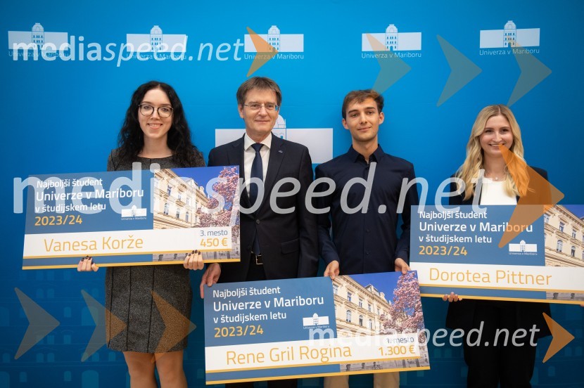  Vanesa Korže; prof. dr. Zdravko Kačič, rektor Univerze v Mariboru;  Rene Gril Rogina, Najboljši študent Univerze v Mariboru 2023/2024;  Dorotea PittnerNajboljši študent Univerze v Mariboru je Rene Gril Rogina