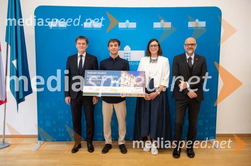 prof. dr. Zdravko Kačič, rektor Univerze v Mariboru;  Rene Gril Rogina, Najboljši študent Univerze v Mariboru 2023/2024;  Nomi  Hrast , prorektorica za študentska vprašanja Univerze v Mariboru; Prof. dr. Dean Korošak,  prorektor za znanstvenoraziskovalno dejavnost Univerze v MariboruNajboljši študent Univerze v Mariboru je Rene Gril Rogina