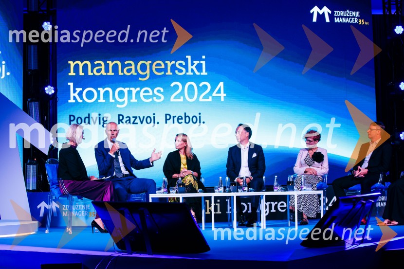  Petra Juvančič, izvršna direktorica, Združenje Manager; mag. Iztok Seljak, predsednik, Združenje Manager;  Tomislav Čizmić, predsednik poslovodstva družbe, Telemach Slovenija d.o.o.;  Marta Kelvišar, direktorica, Adria Dom;  Beno Ceglar, NILManagerski kongres 2024, prvi dan