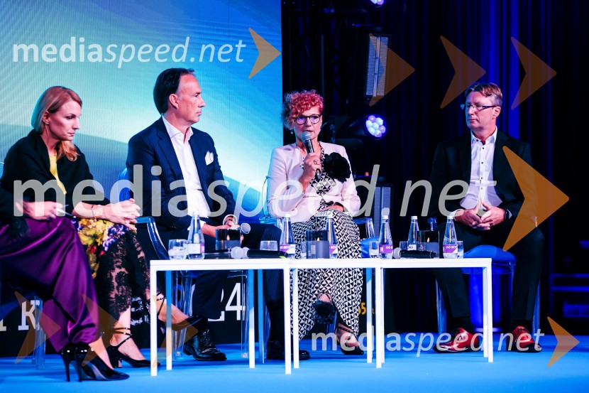  Melanie Seier Larsen, The Boston Consulting Group - Principal in predsednica sekcije managerk;  Tomislav  Čizmić, predsednik uprave, Mercator d.d.;  Marta Kelvišar, direktorica, Adria Dom;  Beno Ceglar, NILManagerski kongres 2024, prvi dan