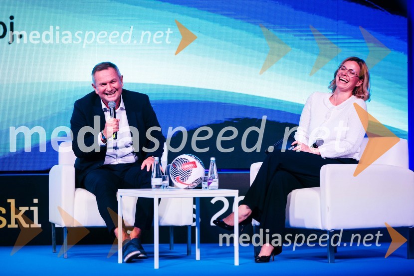  Matjaž Kek, selektor slovenske nogometne reprezentance;  Tanja Subotić Levanič, direktorica korporativnih odnosov, Pivovarna Laško UnionManagerski kongres 2024, prvi dan