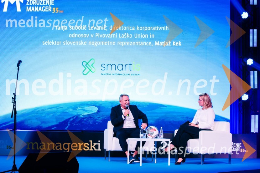  Matjaž Kek, selektor slovenske nogometne reprezentance;  Tanja Subotić Levanič, direktorica korporativnih odnosov, Pivovarna Laško UnionManagerski kongres 2024, prvi dan