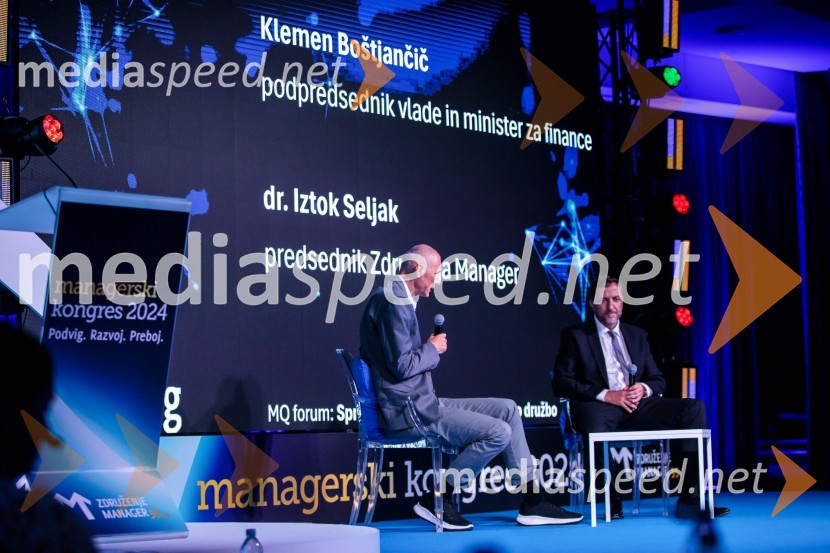 mag. Iztok Seljak, predsednik, Združenje Manager;  Klemen Boštjančič, minister za financeManagerski kongres 2024, drugi dan