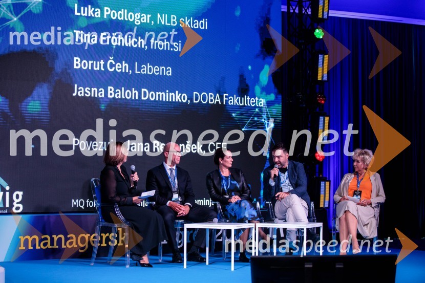 Jana Repanšek, CEF;  Luka Podlogar, NLB Skladi;  Tina Fröhlich;  Borut Čeh, soustanovitelj in izvršni direktor, Labena d.o.o.;  Jasna  Dominko Baloh, direktorica izobraževalnega podjetja DobaManagerski kongres 2024, drugi dan