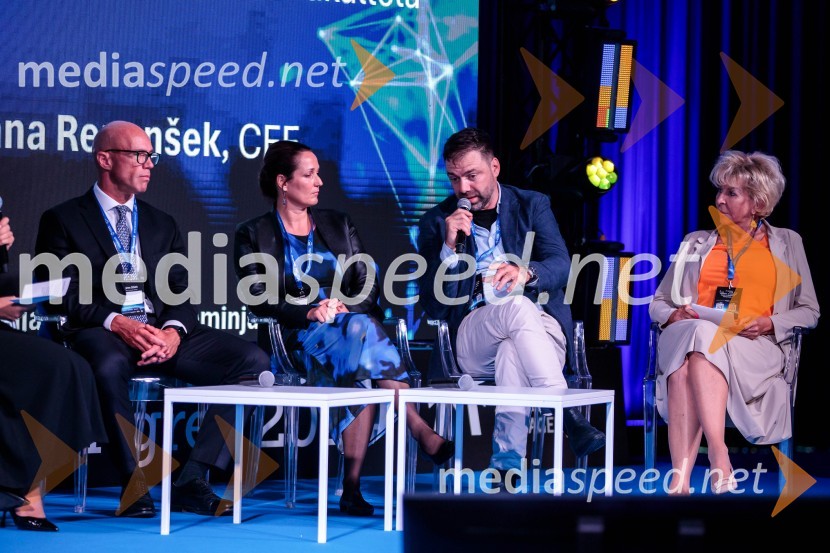  Luka Podlogar, NLB Skladi;  Tina Fröhlich;  Borut Čeh, soustanovitelj in izvršni direktor, Labena d.o.o.;  Jasna  Dominko Baloh, direktorica izobraževalnega podjetja DobaManagerski kongres 2024, drugi dan