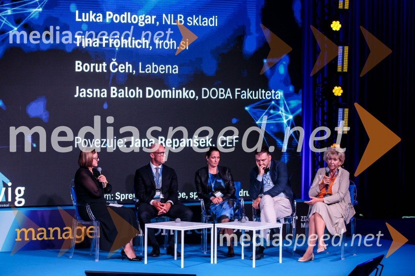  Jana Repanšek, CEF;  Luka Podlogar, NLB Skladi;  Tina Fröhlich;  Borut Čeh, soustanovitelj in izvršni direktor, Labena d.o.o.;  Jasna  Dominko Baloh, direktorica izobraževalnega podjetja DobaManagerski kongres 2024, drugi dan