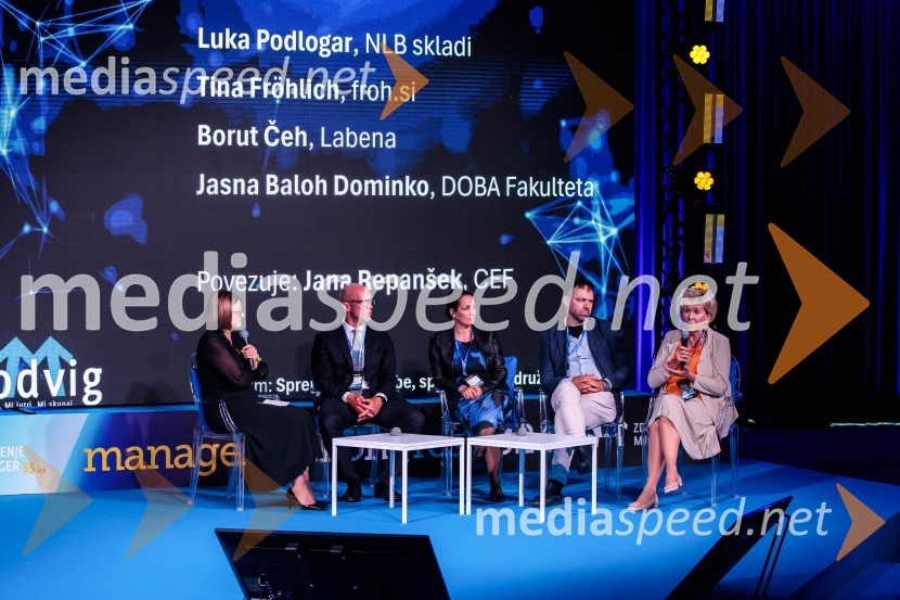  Jana Repanšek, CEF;  Luka Podlogar, NLB Skladi;  Tina Fröhlich;  Borut Čeh, soustanovitelj in izvršni direktor, Labena d.o.o.;  Jasna  Dominko Baloh, direktorica izobraževalnega podjetja DobaManagerski kongres 2024, drugi dan