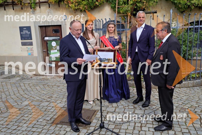  Stane Kocutar, mestni viničar, skrbnik Stare trte, novinar Radia Maribor, zgodovinar;  Sanja Ferjančič, 27. Vinska kraljica Slovenije 2024;  Maruša Mukenauer, Mariborska vinska kraljica 2023;  Aleksander Saša Arsenovič, župan, Mestna občina Maribor; mag.  Jože Protner, vinarSvečana trgatev Najstarejše trte 2024