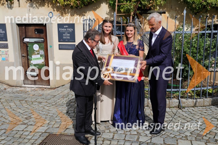 mag.  Jože Protner, vinar;  Sanja Ferjančič, 27. Vinska kraljica Slovenije 2024;  Maruša Mukenauer, Mariborska vinska kraljica 2023;  Aleksander Saša Arsenovič, župan, Mestna občina MariborSvečana trgatev Najstarejše trte 2024