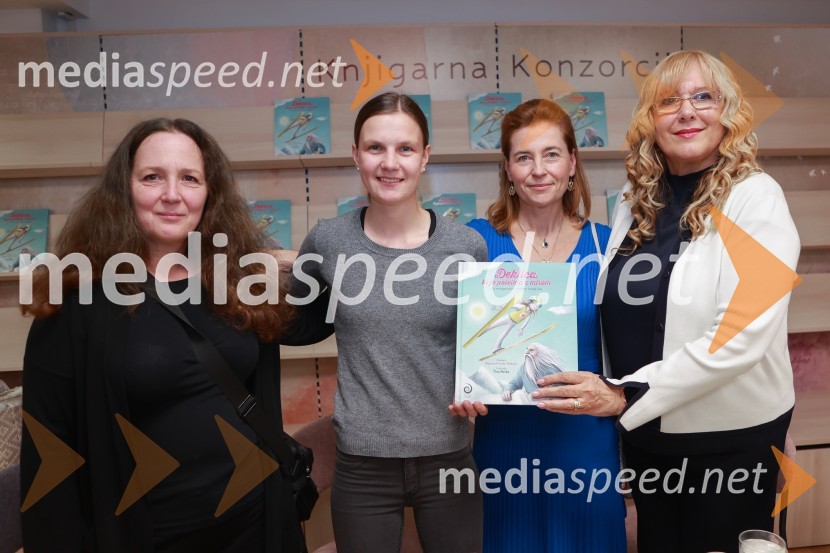  Tina Perko, ilustratorka;  Ema  Klinec, smučarska skakalka;  Tadeja Zupan, urednica;  Bojana Fende Habula, avtoricaPredstavitev pravljice Deklica, ki je poletela z mirom in srečanje s smučarsko skakalko Emo Klinec