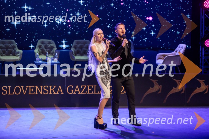  Sara Briški Cirman - Raiven, pevka, harfistka;  Gregor Ravnik, pevecZlata gazela Slovenije 2024 je podjetje Hyla