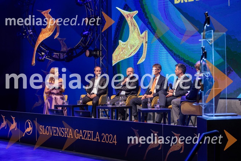  Anja Hlača Ferjančič, novinarka, RTV;  Andraž Krajnc, Caretronic, bronasta gazela 2024;  Janez Pogačar, Hyla, zlata gazela 2024;  ... ;  ... Zlata gazela Slovenije 2024 je podjetje Hyla