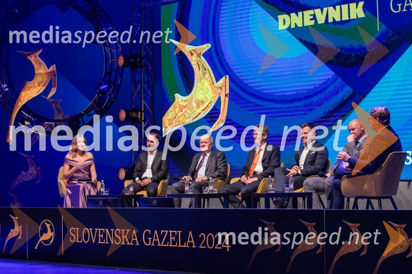  Anja Hlača Ferjančič, novinarka, RTV;  Andraž Krajnc, Caretronic, bronasta gazela 2024;  Janez Pogačar, Hyla, zlata gazela 2024;  ... ;  ... ;  Tomo Kres, Trgograd, srebrna gazela 2024;  ... Zlata gazela Slovenije 2024 je podjetje Hyla