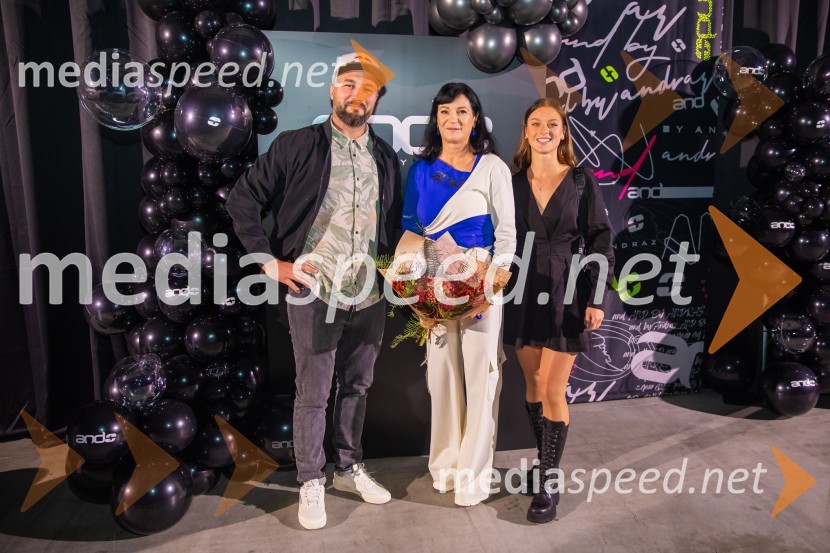  Filip Flisar, nekdanji smučar prostega sloga in lastnik blagovne znamke Pohorska šunka;  Nataša Berginc, direktorica podjetja Co. Andraž d.o.o.;  Sara Domajnko, deskarka na sneguAND by Andraž, modna revija ob 35 letnici znamke