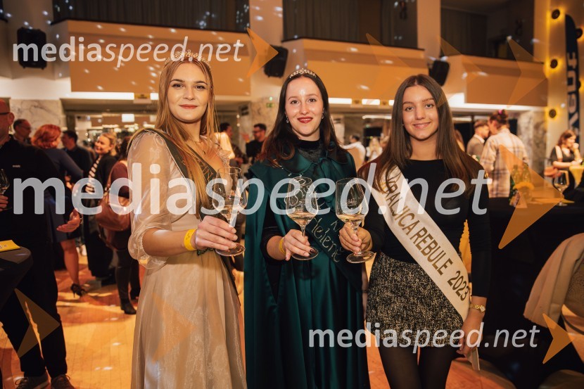  Sandra Kumer, 6.vinska kraljica Jeruzalemsko ormoških goric;  Ana Artnak, vinska kraljica Svete Helene;  Eva Žnidarčič, vinska kraljica rebule 2023Salon štajerskih mladih vin Pubec 2024 v Ljubljani