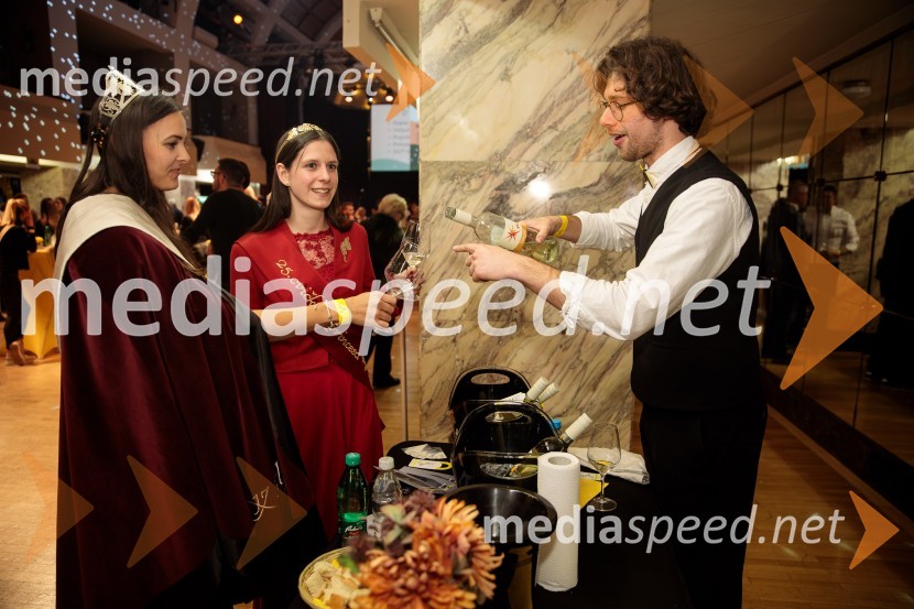  Aleksandra Šoronda, kraljica metliške črnine 2024;  Blažka Ilovar, 25. cvičkova princesa;  Nik Goropevšek, Vina HorvatSalon štajerskih mladih vin Pubec 2024 v Ljubljani