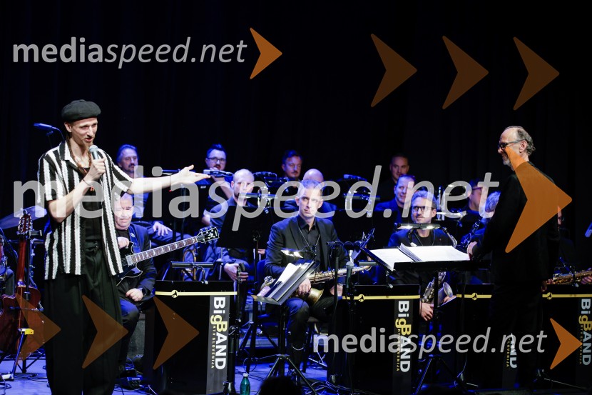  Žigan Krajnčan, igralec, plesalec, koreograf;  Lojze  Krajnčan, dirigent Big Banda RTV Slovenija Žigan Krajnčan navdušil z orkestrom Big Band RTV Slovenija