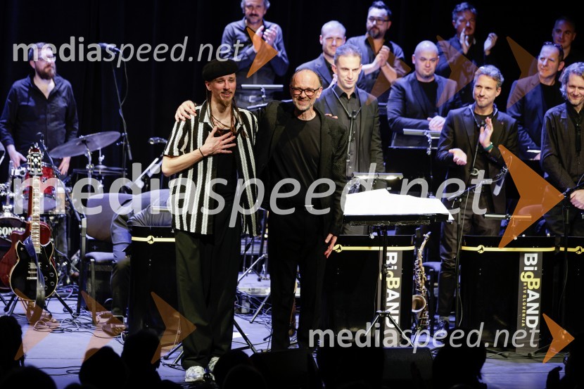  Žigan Krajnčan, igralec, plesalec, koreograf;  Lojze  Krajnčan, dirigent Big Banda RTV Slovenija Žigan Krajnčan navdušil z orkestrom Big Band RTV Slovenija