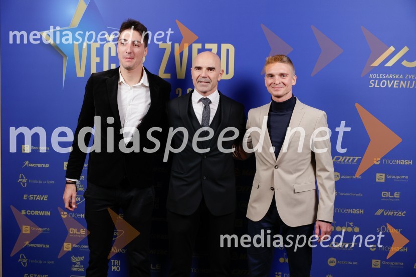  Matic Žumer, kolesar;  Pavel Marđonović, predsednik kolesarske zveze Slovenija;  Matic Žumer, kolesarVečer zvezd: Kolesar leta 2024 je Tadej Pogačar