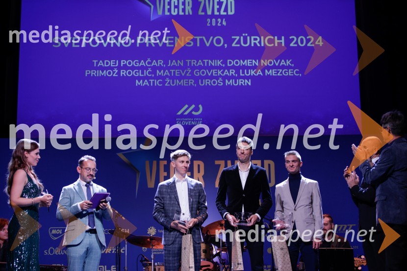  Flora Ema Lotrič, pevka;  Jože Robežnik,  televizijski voditelj;  Tadej Pogačar, kolesar;  Matic Žumer, kolesar;  ... Večer zvezd: Kolesar leta 2024 je Tadej Pogačar