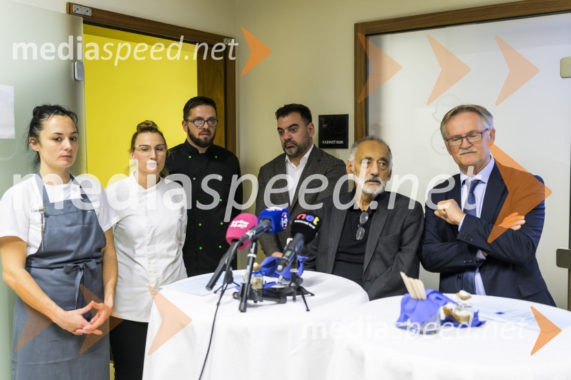  ... ;  ... ;  ... ;  ... ;  Dušan Erjavec, ravnatelj, Srednja šola za gostinstvo in turizem Maribor;  Dragan Todorović, gostujoči profesor strežbe iz Turističko-ugostiteljske šole SplitNovinarska konferenca z dalmatinsko kulinariko, Srednja šola za gostinstvo in turizem Maribor