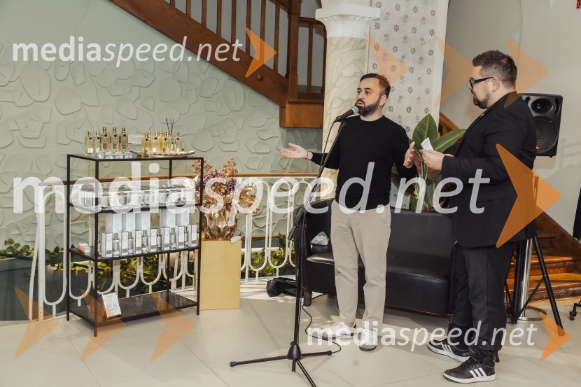  Damien Flynn, mbasador znamke, Nicolai Parfumeur Createur;  Nejc Simšič, novinarVečer gurmanskih dišav z Nicolai Parfumeur Createur v Ikona Ljubljana
