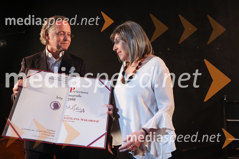  David Sluga, odvetnik;  Svetlana Makarovič, pisateljicaPodelitev plakete ob Prešernovi nagradi Svetlani Makarovič