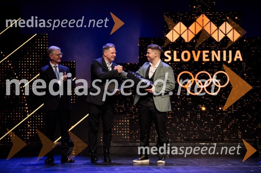  Franjo Bobinac, predsednik, Olimpijski komite Slovenije;  Rajko Vodišek;  Toni Vodišek, kajtarŠportnik leta 2024, slavila Janja Garnbret in Tadej Pogačar