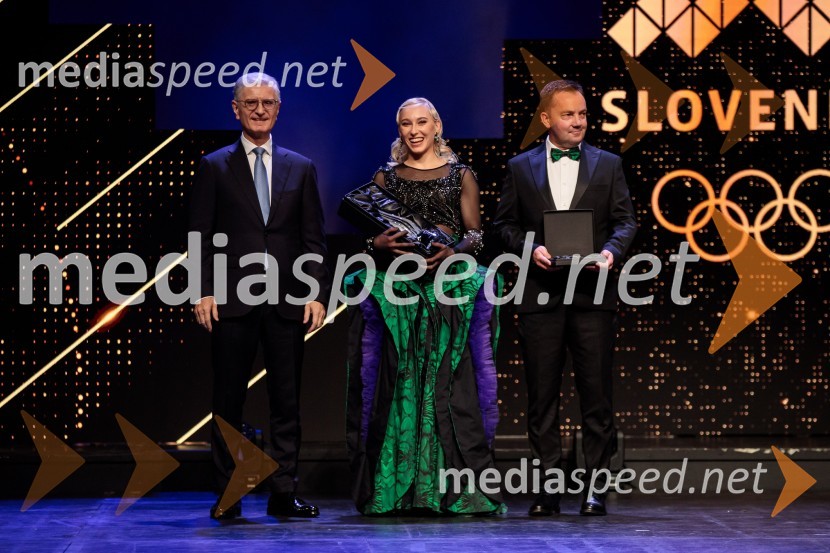  Franjo Bobinac, predsednik, Olimpijski komite Slovenije;  Janja Garnbret, športna plezalka;  Roman Krajnik, trener Janje GarnbretŠportnik leta 2024, slavila Janja Garnbret in Tadej Pogačar